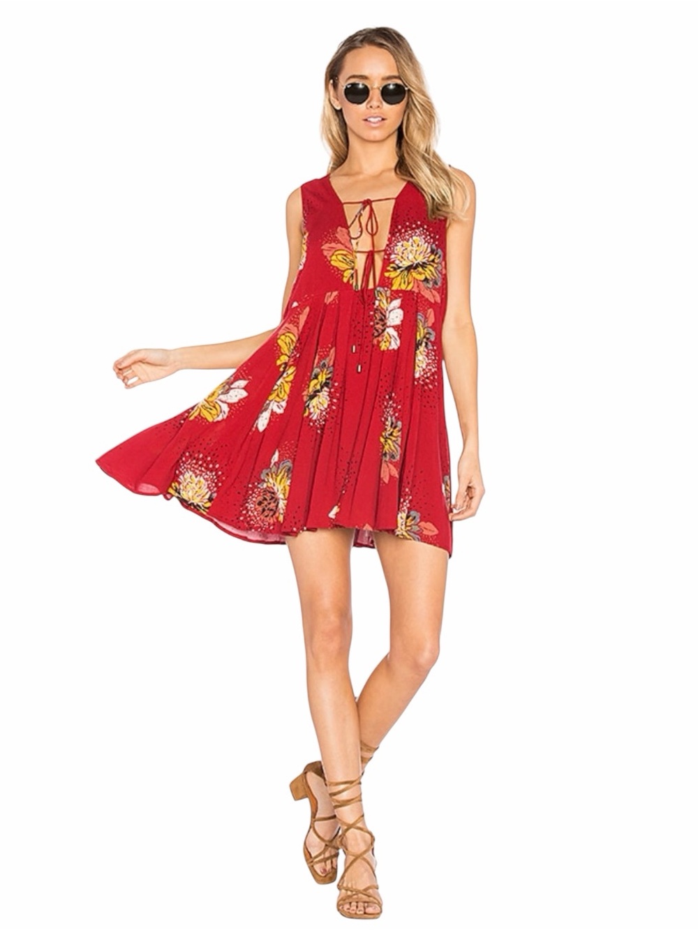Free People Red Floral Tie-Front Mini Dress Size XS